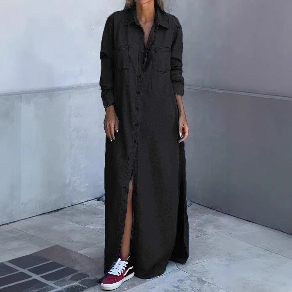 Women's Spring Lapel Long Sleeve Denim Wear Dresses