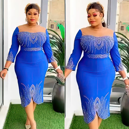Women's African Fashion Wear Half Sleeve Beaded Hot Drilling Party Dresses