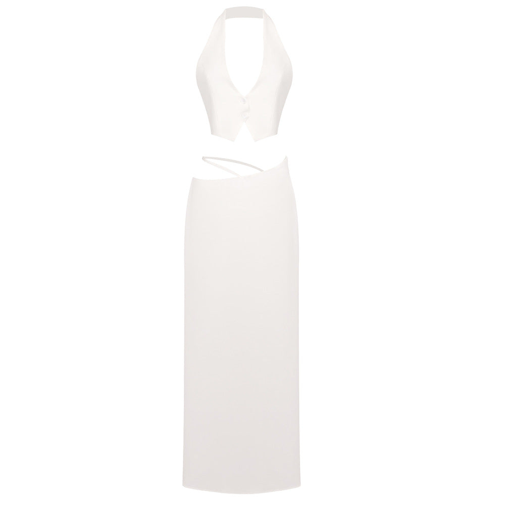 Summer White Low-cut Sleeveless High Waist Suits