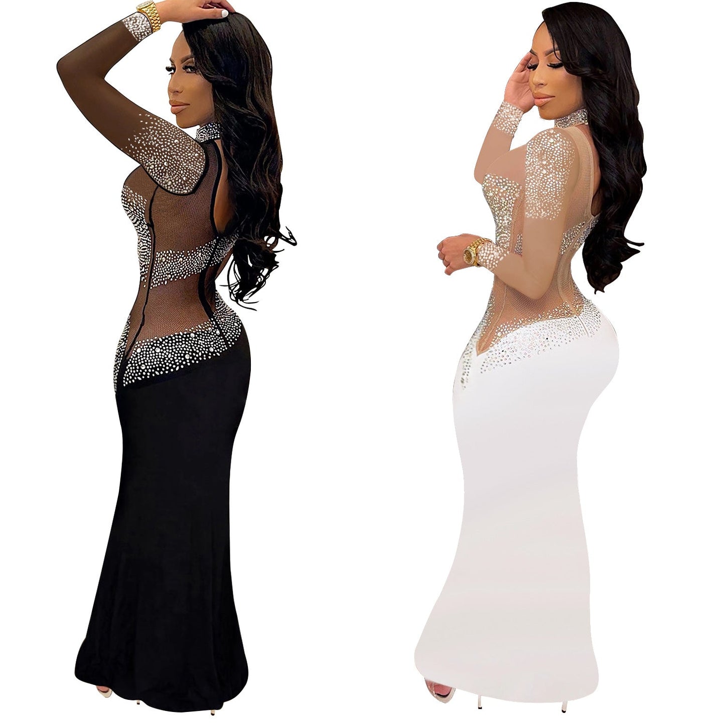 Women's Fashion Wear Rhinestone Round Neck Dress Dresses