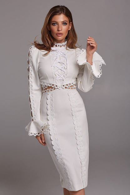 Women's Round Neck Sleeve Lace Midi Dress Shorts
