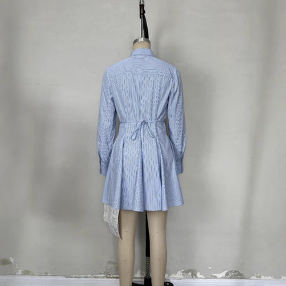 Design Three-quarter Sleeve With Pleated Breathable Stripes Dresses