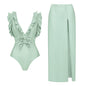 Women Swimsuit Solid Color Bow Decoration One Piece Swimsuit Set