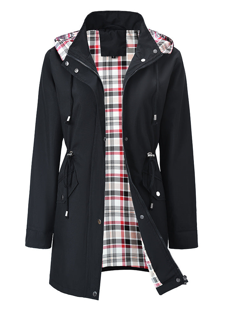 Women's Hooded Drawstring Plaid Lined Trench Coats