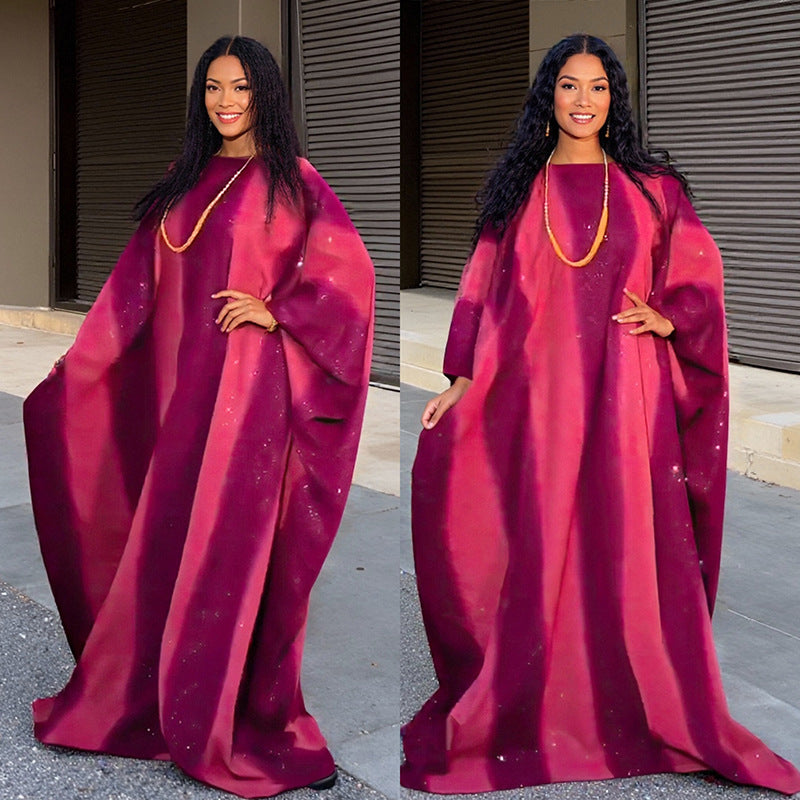 Women's Fashion Printed Satin Muslim Robe Party Dresses