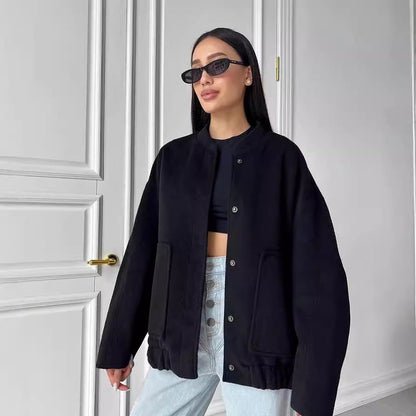 Women's Casual Stand Collar Large Pocket Solid Coats