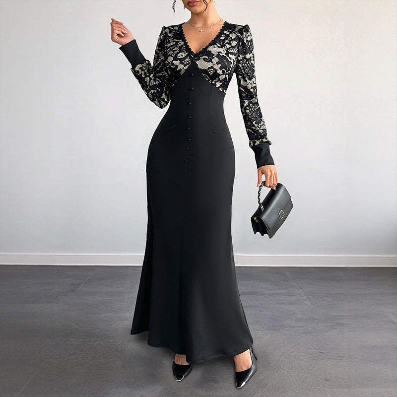 Date Sexy Retro Lace Stitching Long Dresses