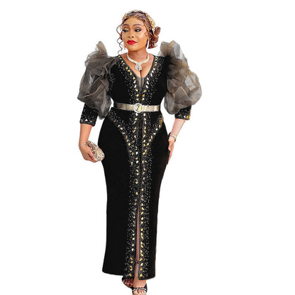Women's Style Puff Sleeve Long-sleeved Rhinestone Long Dresses