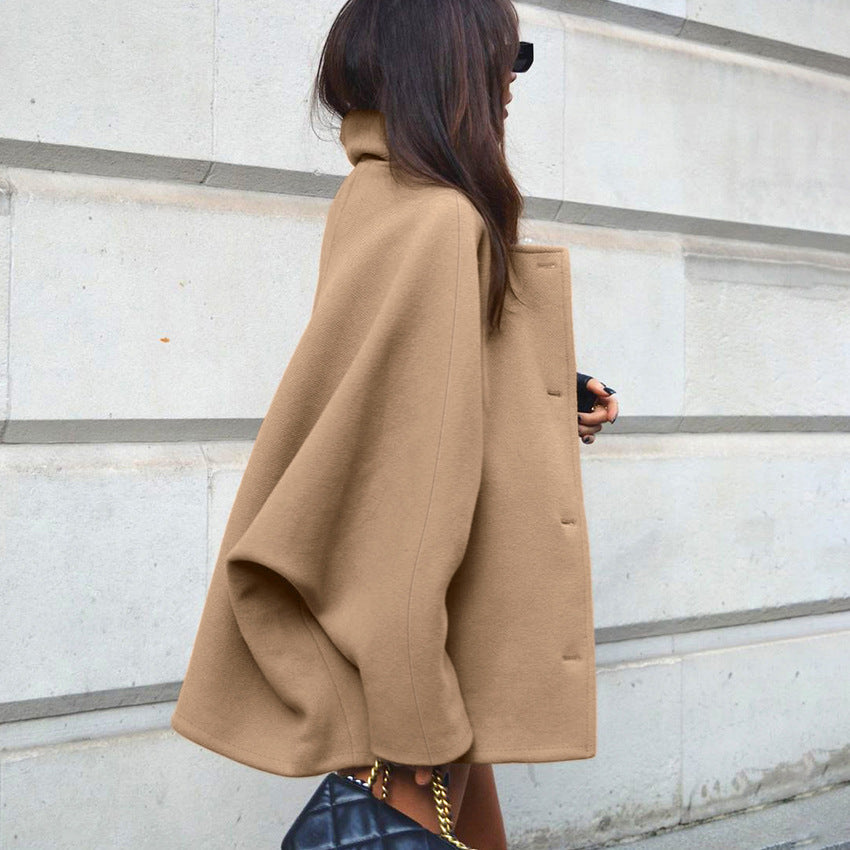 Women's Fashion High-grade Brown Woolen Lapel Batwing Coats