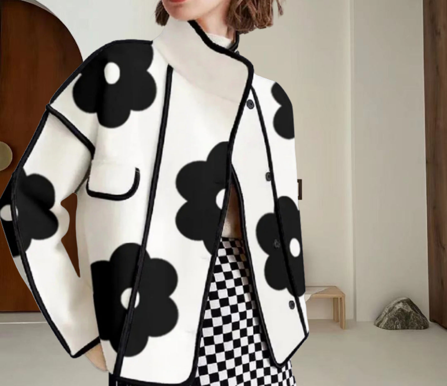 Contrast Color Flower Floral Print Slit Coats