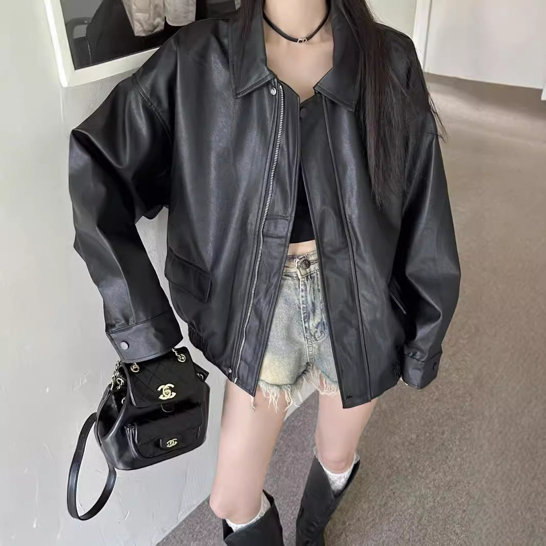 Women's Retro Leather Black Sweet Cool Style Coats