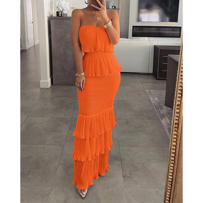 Women's Tube Smocking Pleated Ruffled Long Dress Blouses