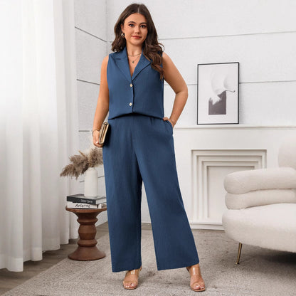 Women's Summer Green Sleeveless Wide Leg Casual Suits