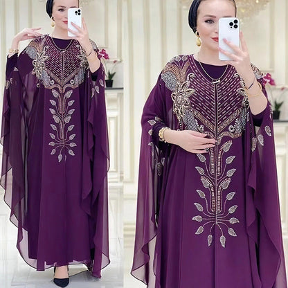 Women's African Dress Chiffon Rhinestone Robe Muslim Dresses