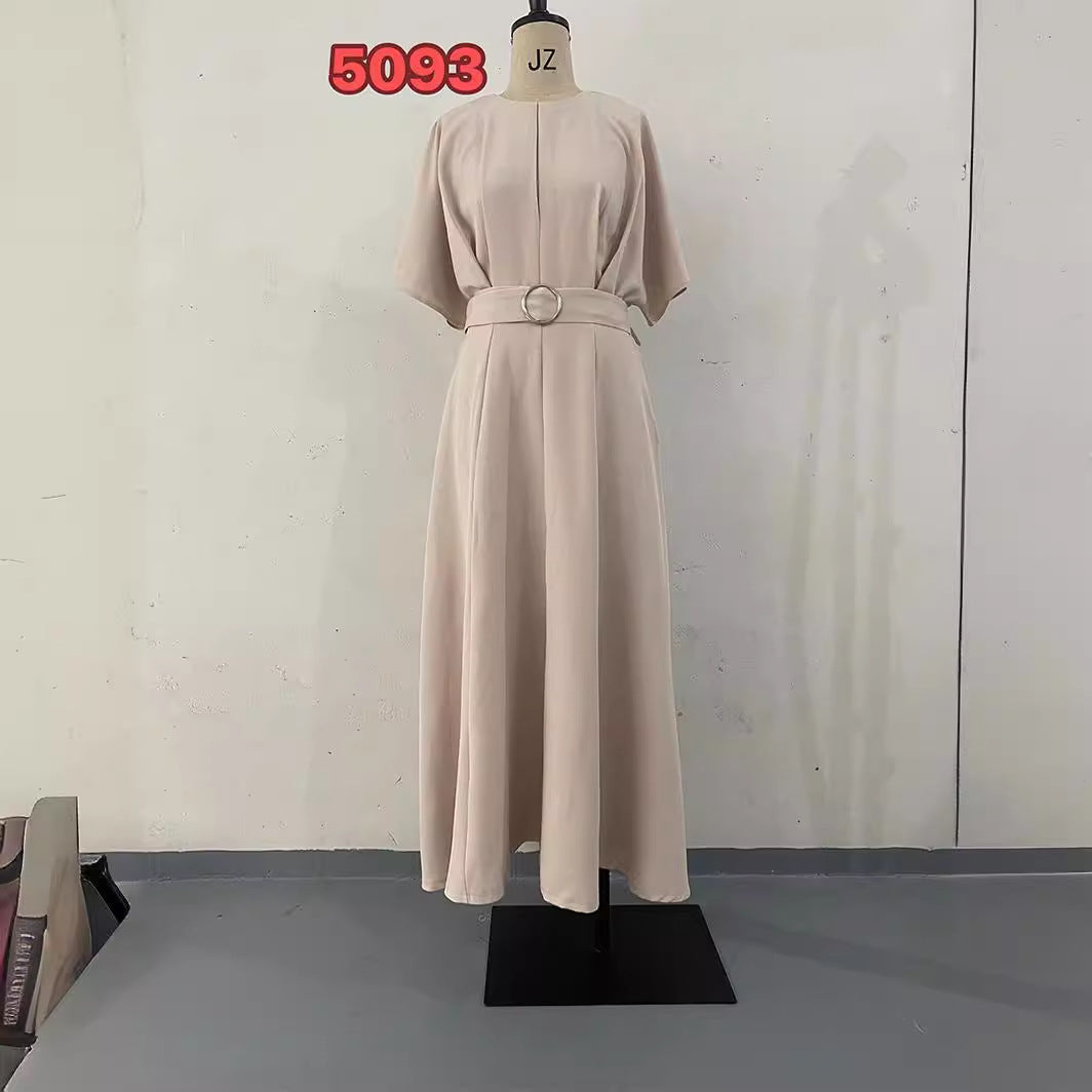 Color Fashion Round Neck Sleeves Dress Belt Shorts