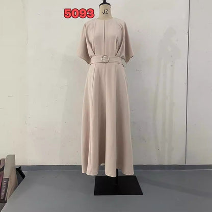 Color Fashion Round Neck Sleeves Dress Belt Shorts