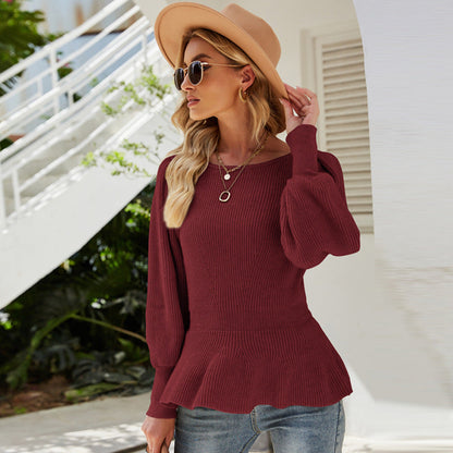 Women's Lantern Sleeve Knitted Solid Color Sweaters