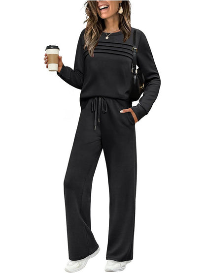 Women's Autumn Long Sleeve Round Neck Casual Elastic Waist Trousers Suits