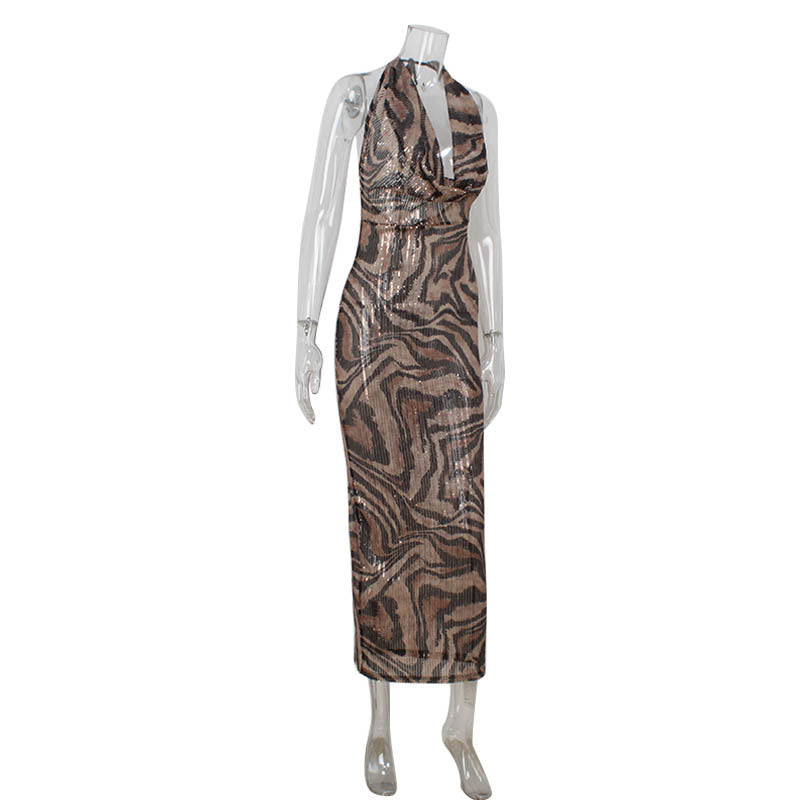 Sexy Deep V Sleeveless Printed Sequined Dresses