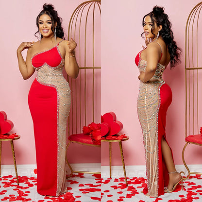 Women's Summer Sexy Mesh Rhinestone Strap Length Dresses