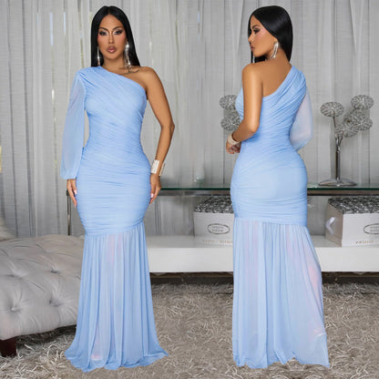 Women's Wear Sexy Oblique Shoulder Mesh High-grade Dresses