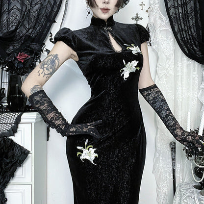 Chinese Style Sier Silk Veet Cheongsam Autumn Dark Sexy Dresses