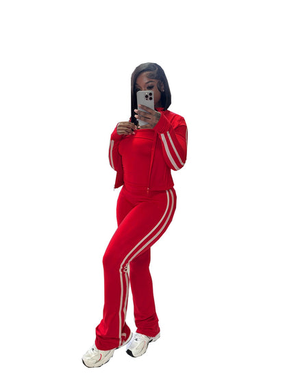 Women's Patchwork Stripes Yoga Clothes Zip Long Suits
