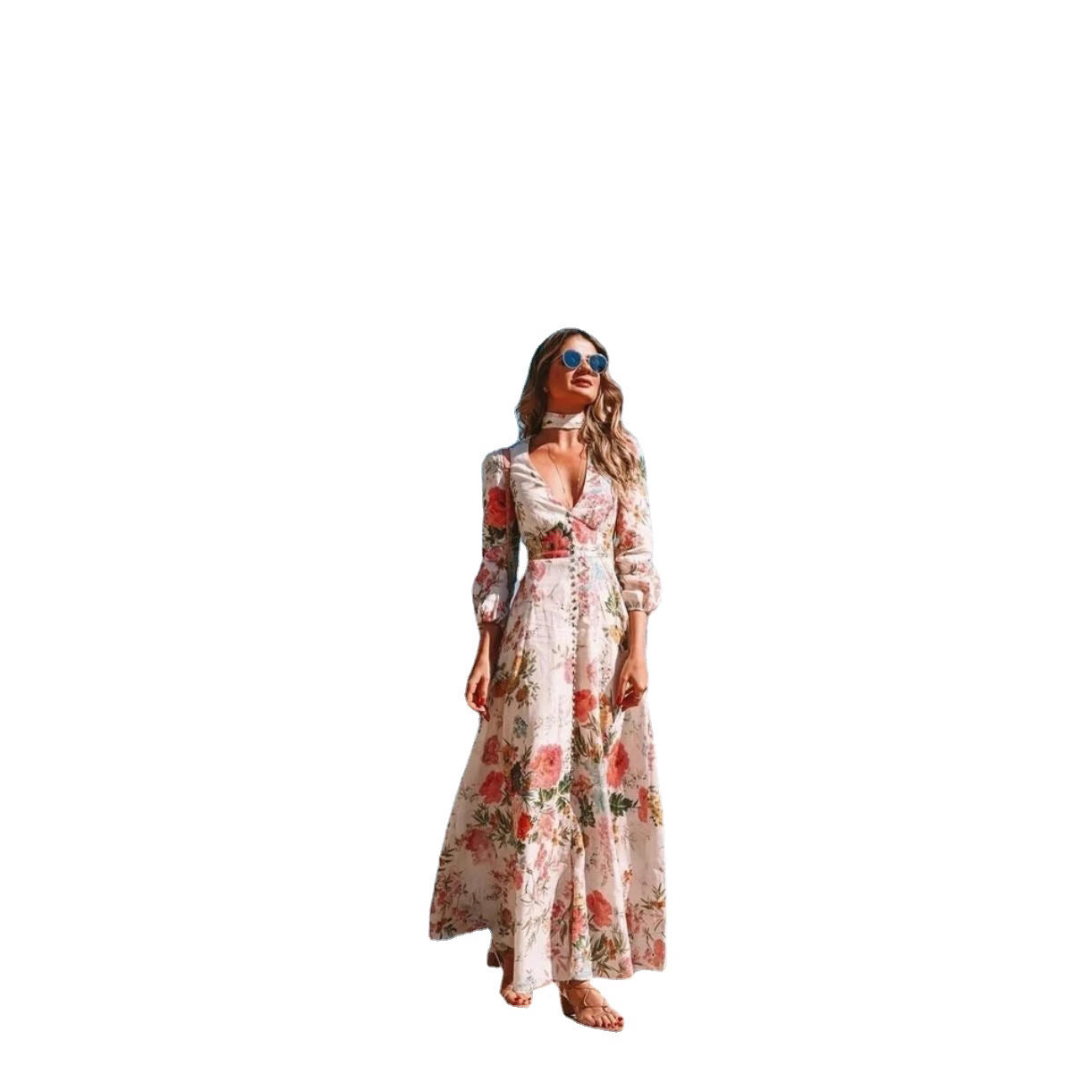 Romantic Floral Print Deep Long Sleeve Big Hem Dresses