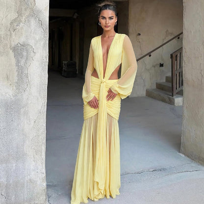 Women's Sexy Mesh Deep Pleated Long-sleeved Dress Dresses