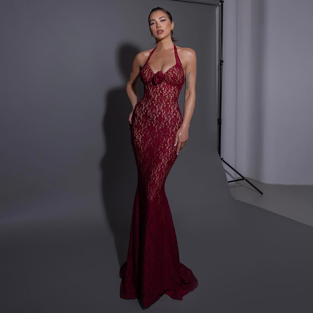 Summer Halter Backless Red Lace Fishtail Dresses