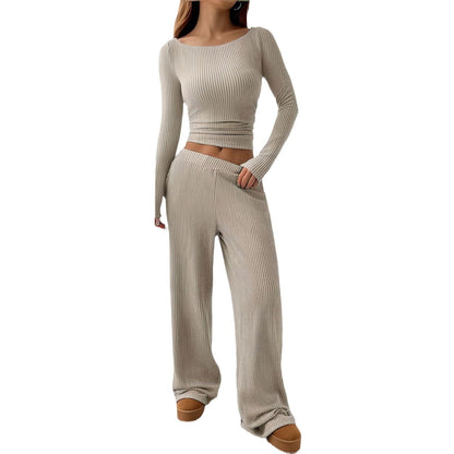 Autumn Striped Long Sleeve Boat Neck Elastic Suits