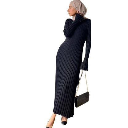 Women's Sleeve Round Neck Sunken Stripe Knitted Dresses