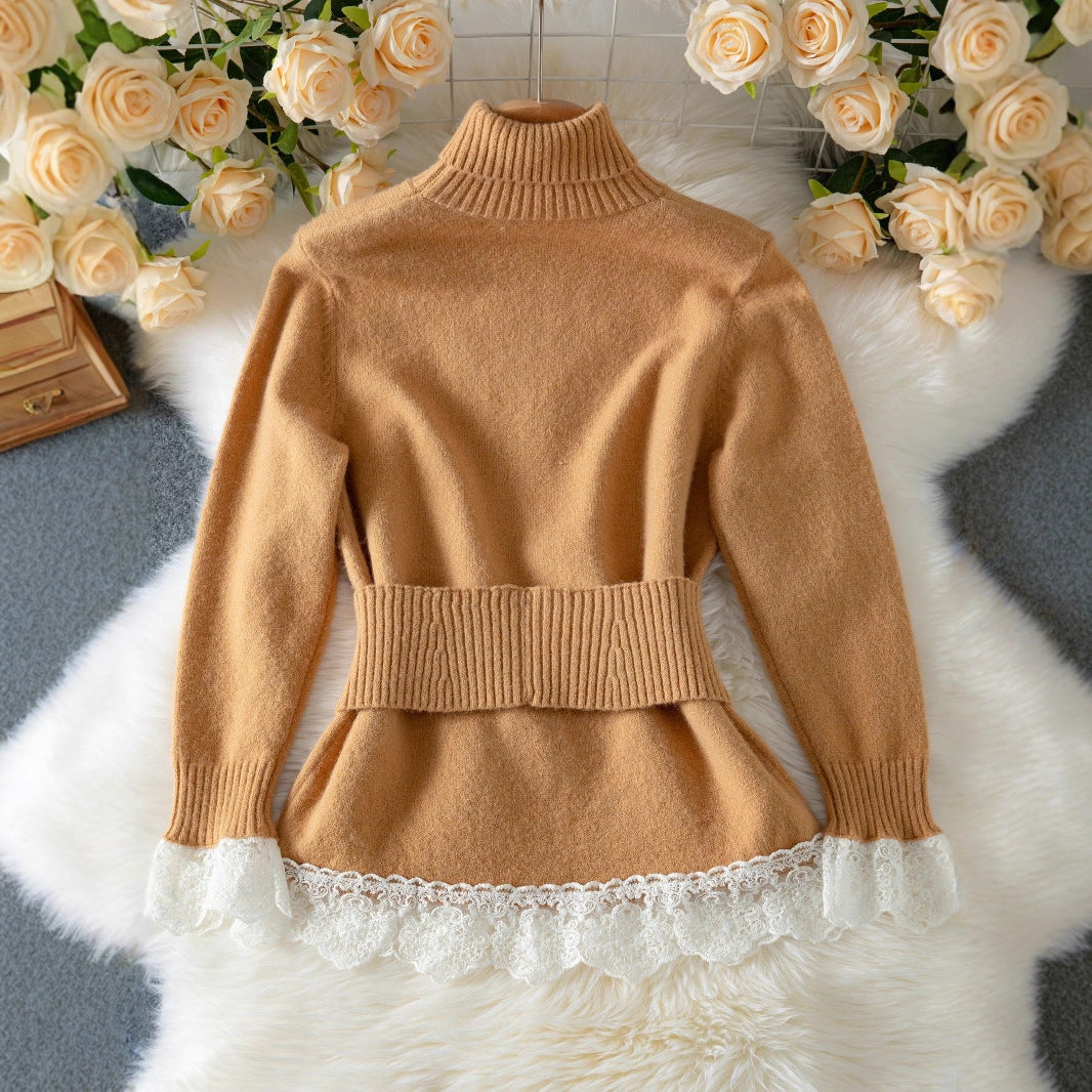 Women's Polo Collar Warm Elegant Lace Stitching Sweaters