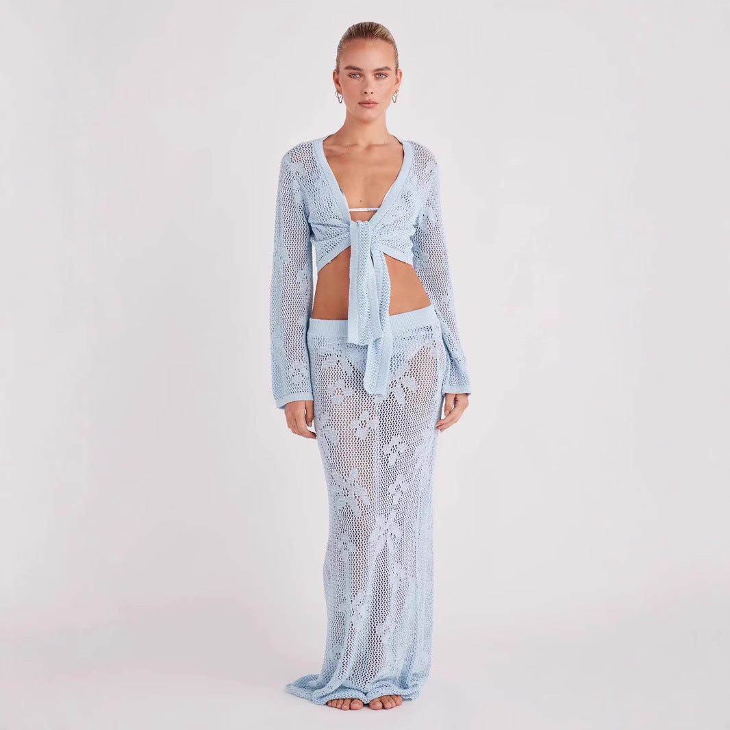 Out Long Sleeve Knitted Two-piece Beach Suits