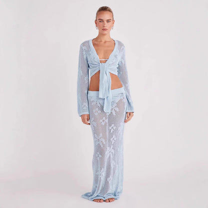 Out Long Sleeve Knitted Two-piece Beach Suits