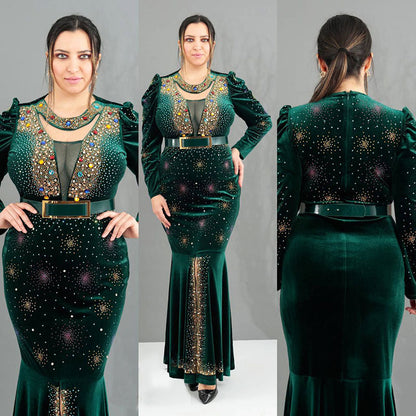 Women's Gold Veet Rhinestone Luxury Fishtail Long-sleeved Dress Long Dresses