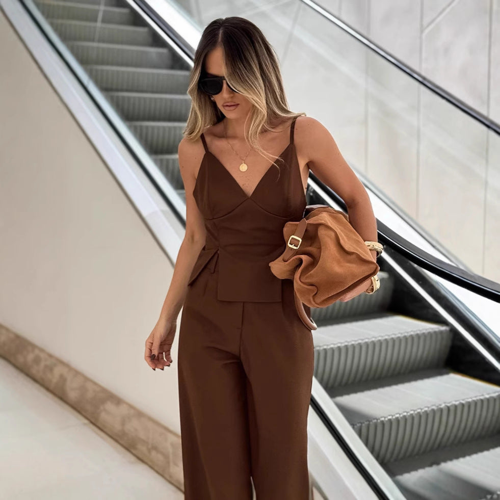Women's Retro Brown Sling Trousers Two-piece Summer Suits