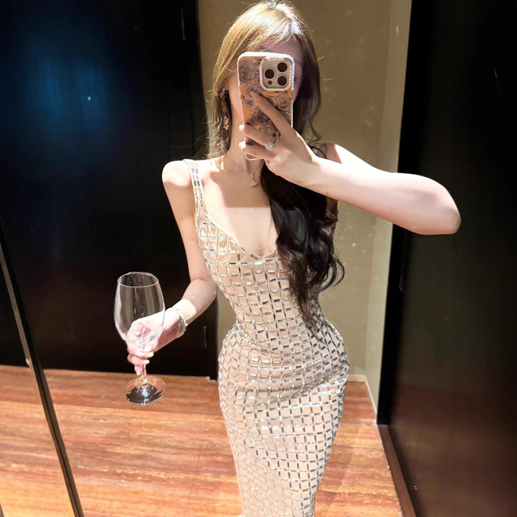 Women's Color Rhinestone Backless Light Luxury Minority Banquet Birthday Sexy Dresses