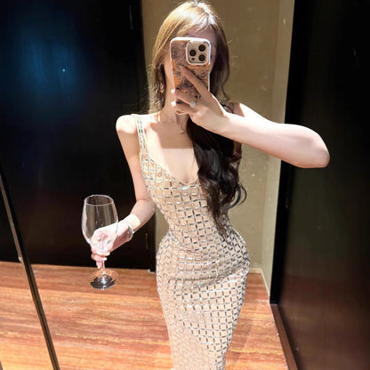 Women's Color Rhinestone Backless Light Luxury Minority Banquet Birthday Sexy Dresses