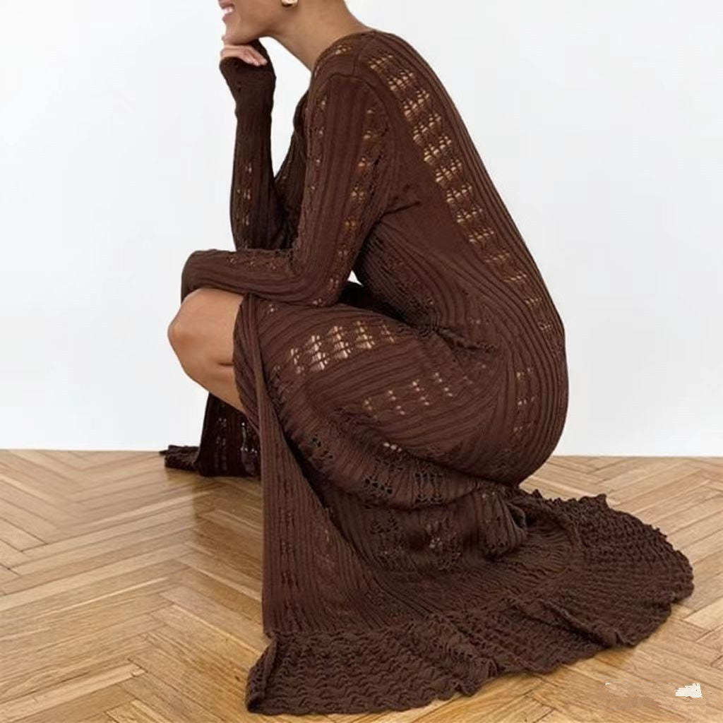 French Style Vacation Hollow Bell Sleeve Woolen Dresses