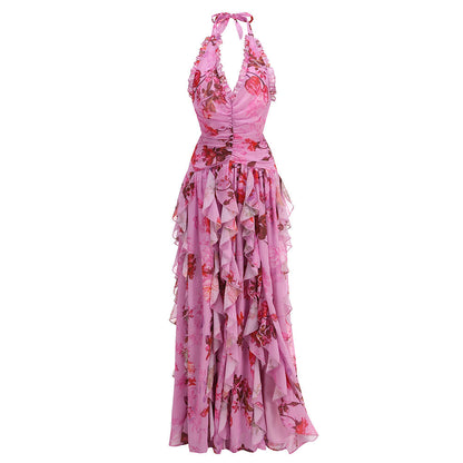 Women's Summer Sleeveless Halter Floral Sexy Flounced Dresses