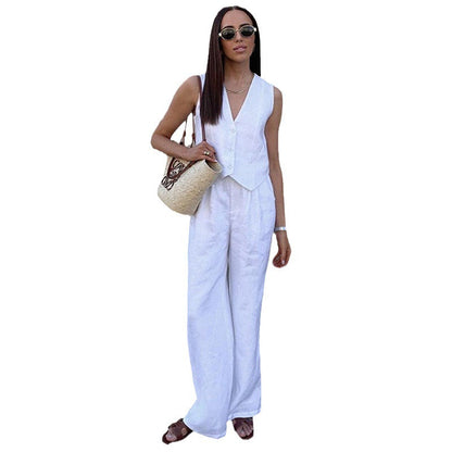 Women's Linen Sleeveless Waistcoat Trousers Two-piece Set Suits