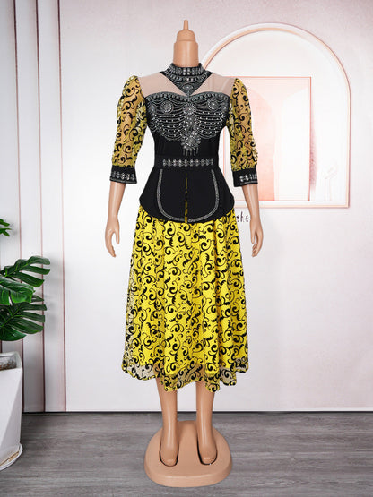 Women's African Rhinestone Bubble Beads Drawstring Lace Dresses