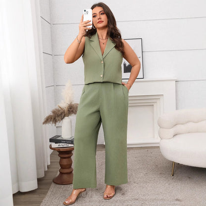 Women's Summer Green Sleeveless Wide Leg Casual Suits