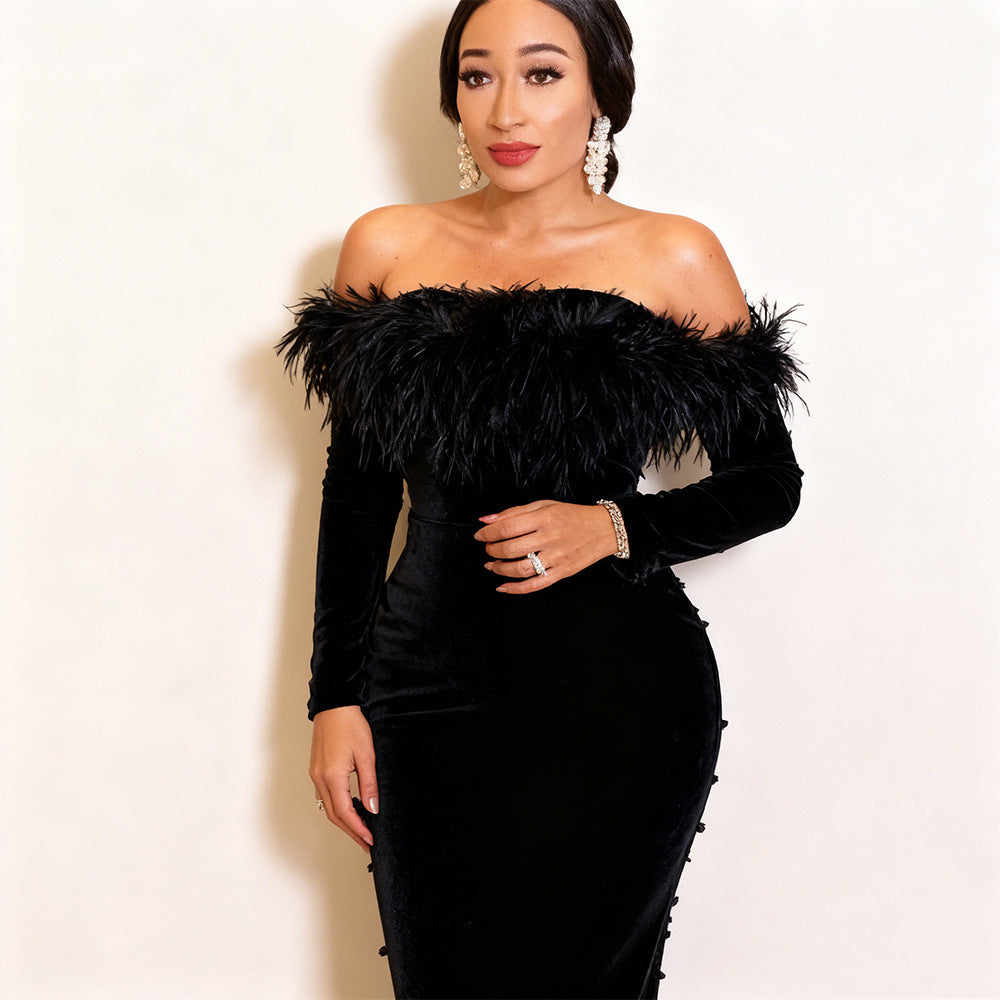 Women's One-word Dress Elegant Bubble Feather Beaded Dresses