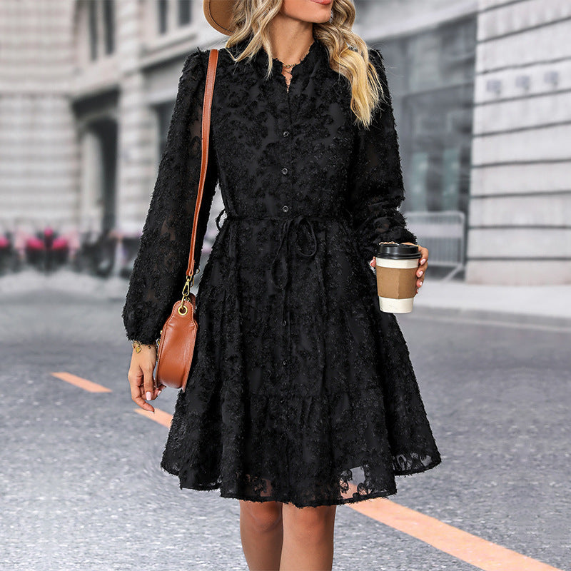 Black Dress Autumn Jacquard Long Sleeve Dresses