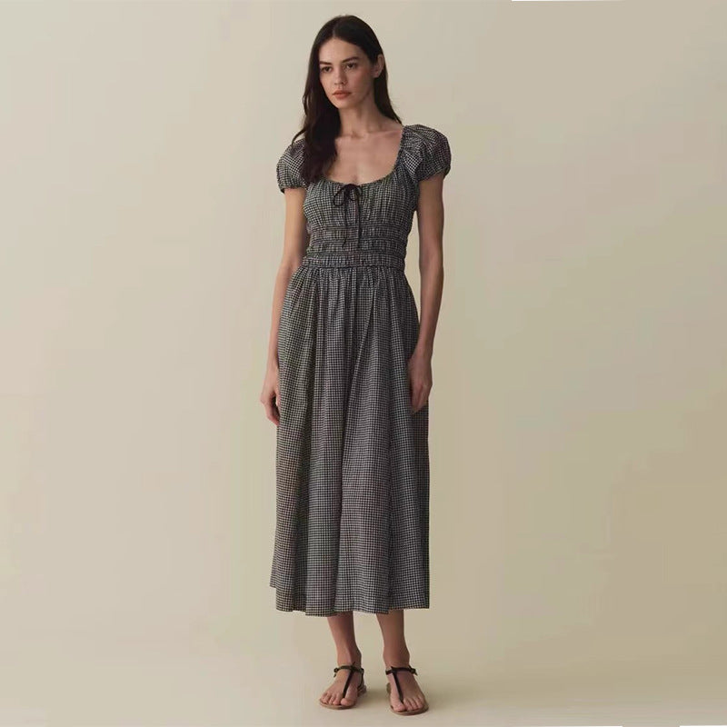 Women's Plaid Square Collar Cotton Holiday Waist Mid-length Dresses