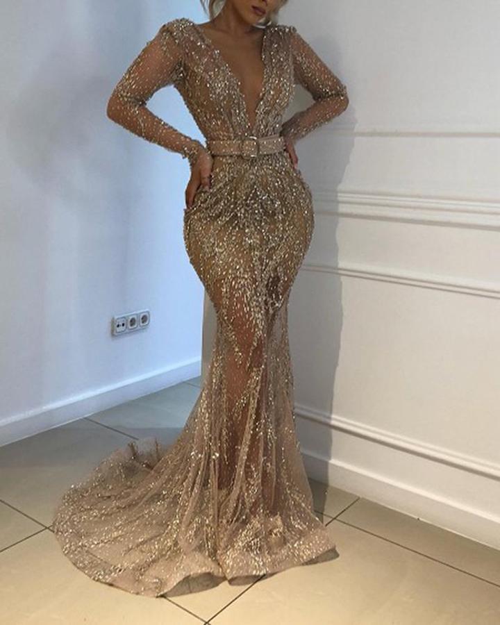 Women's Sexy Sequined Long-sleeved Party Dress Large Wedding Dresses