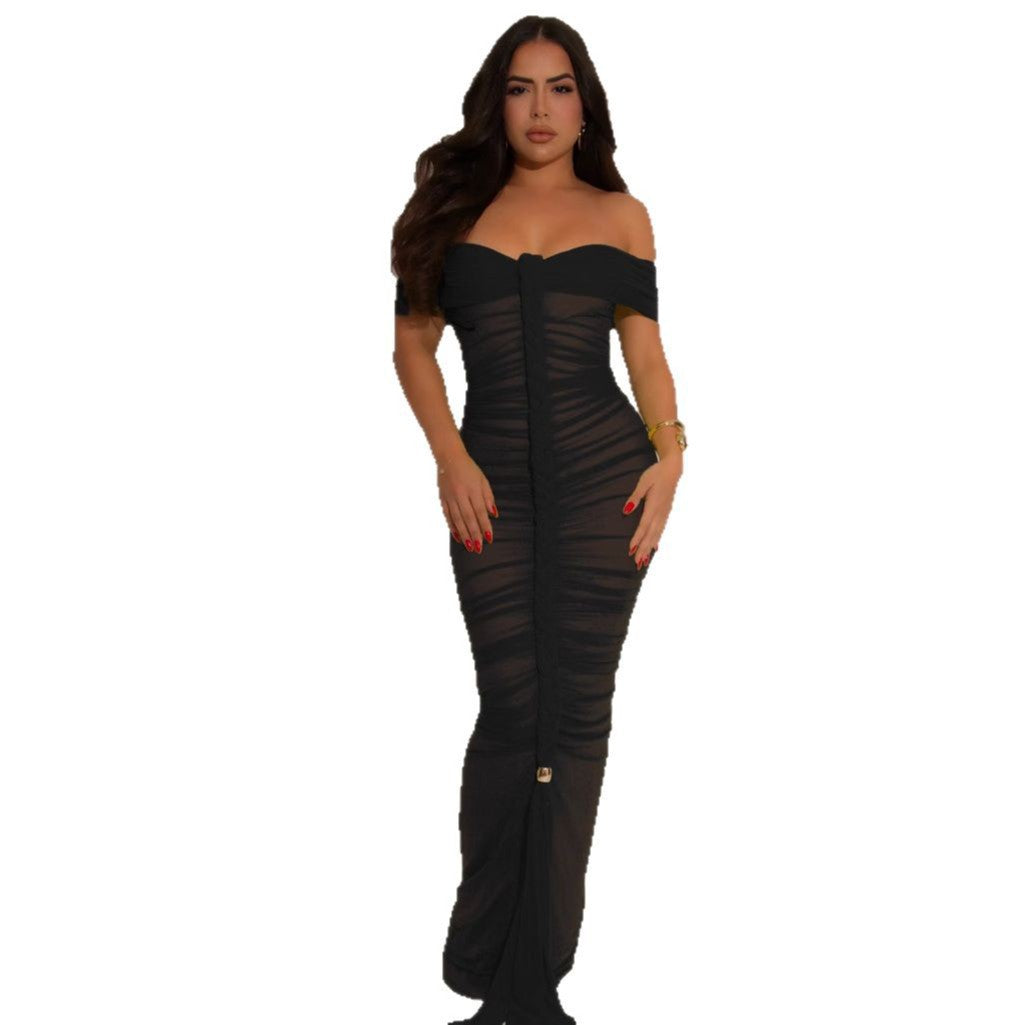 Women's Fashion Sexy Pleated Mesh Maxi Dress Dresses
