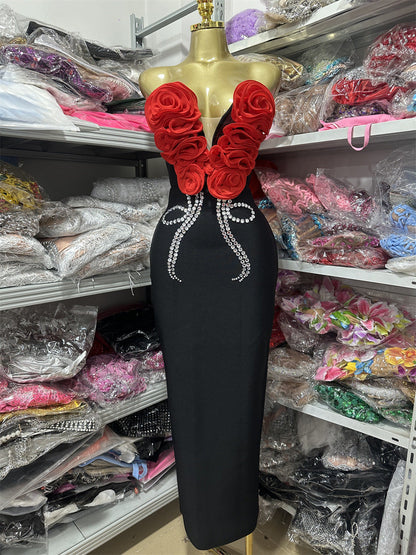 Red Flower Drill Chain Sexy Low Cut Strapless Dresses